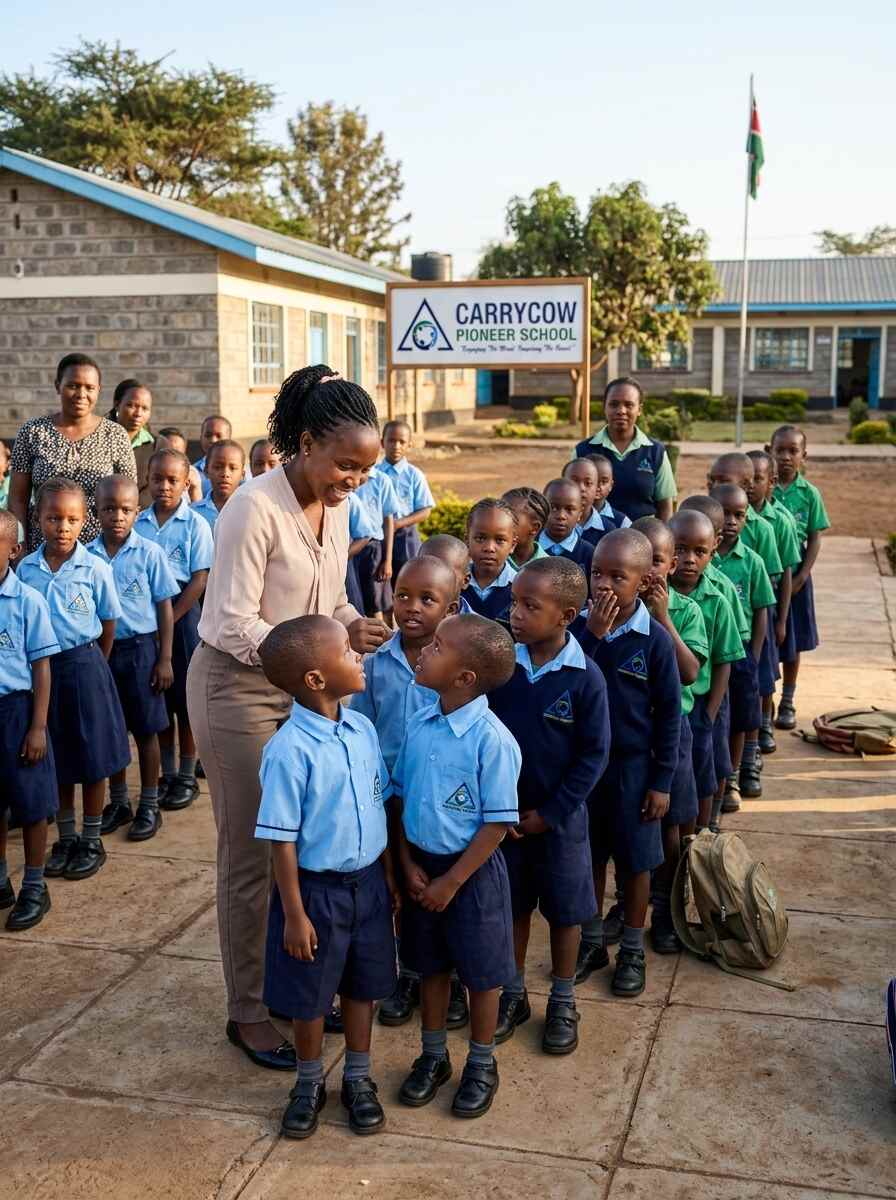 A Carrycow Pioneer School teacher warmly greeting students at morning assembly
